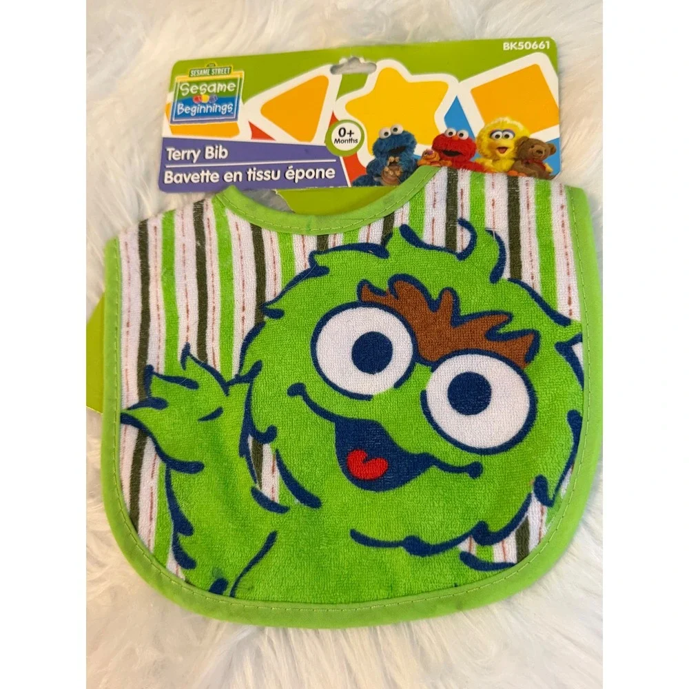 Sesame Beginnings Oscar the Grouch Terry Baby Bib Green White Stripe BK50661